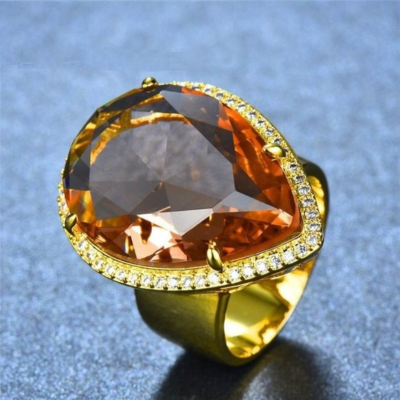 32mm Pear Cut Orange Champagne Water Drop Gold Ring - Picture 5 of 10
